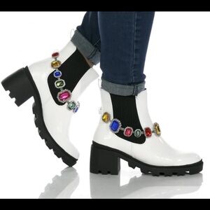 Betsey Johnson Jenesis Gemstone Lug Sole Patent Boot White 7.5